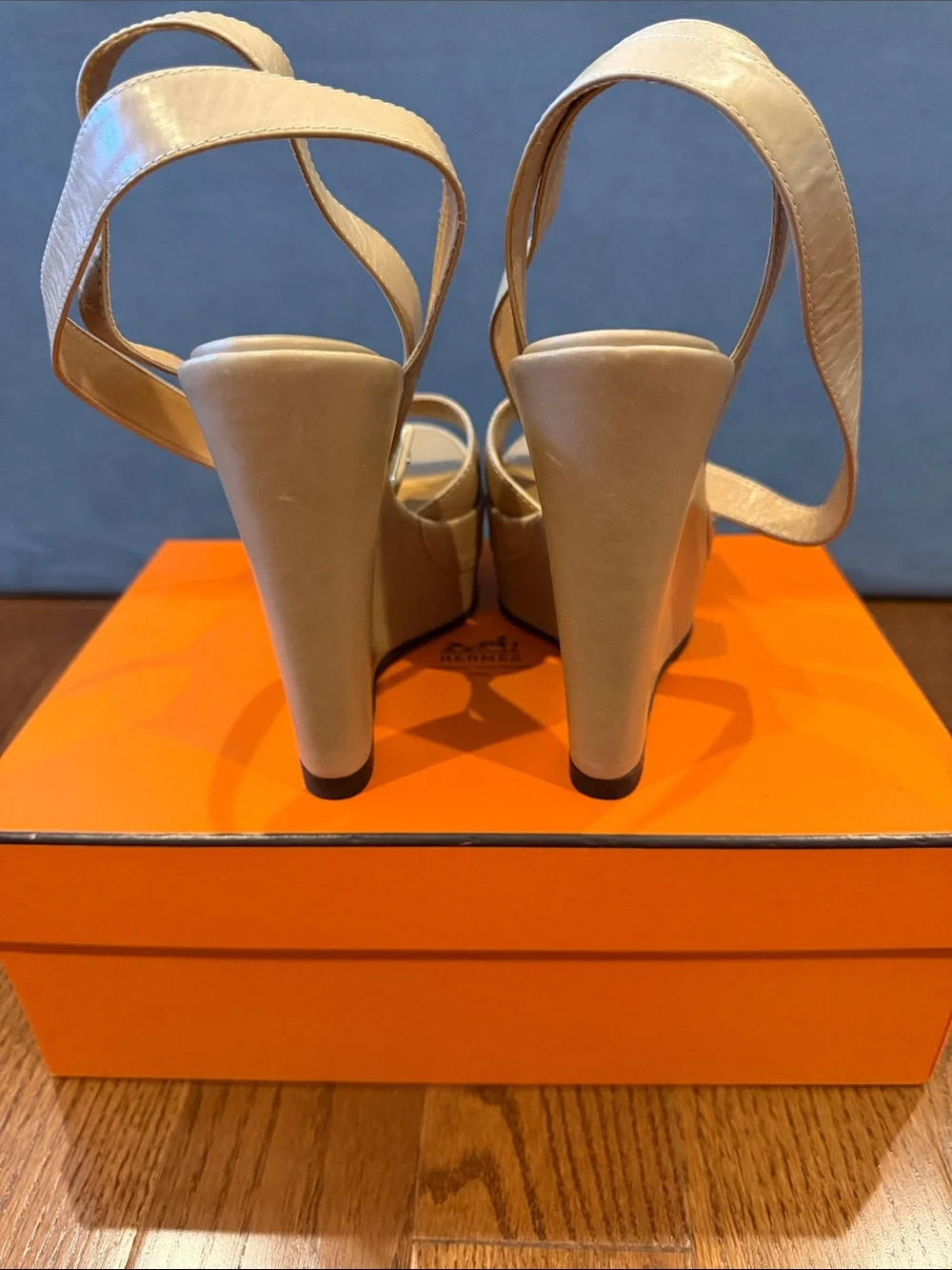 Hermes Beige Leather Platform Slingback Sandals
